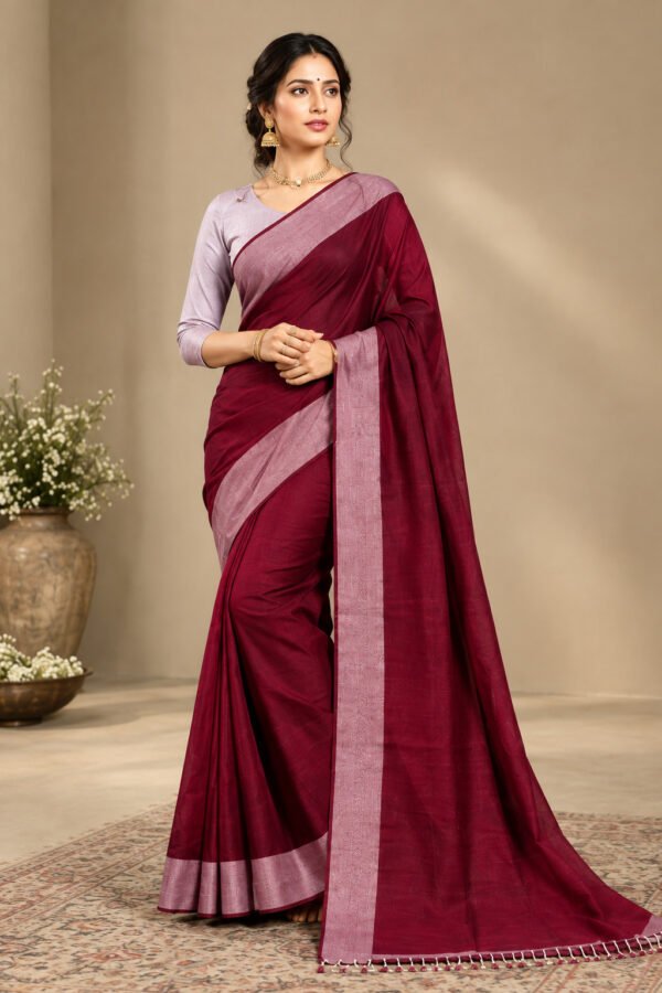 Burgundy Silk Saree Mauve Pink Border
